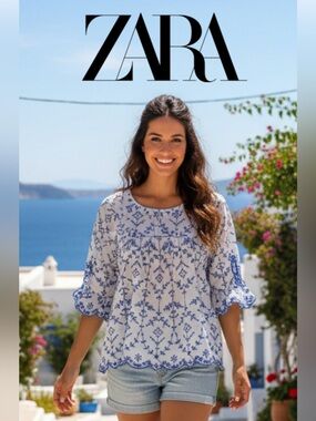 ZARA Trafaluc Collection White Top with Bell Sleeves Blue Embroidered Pattern